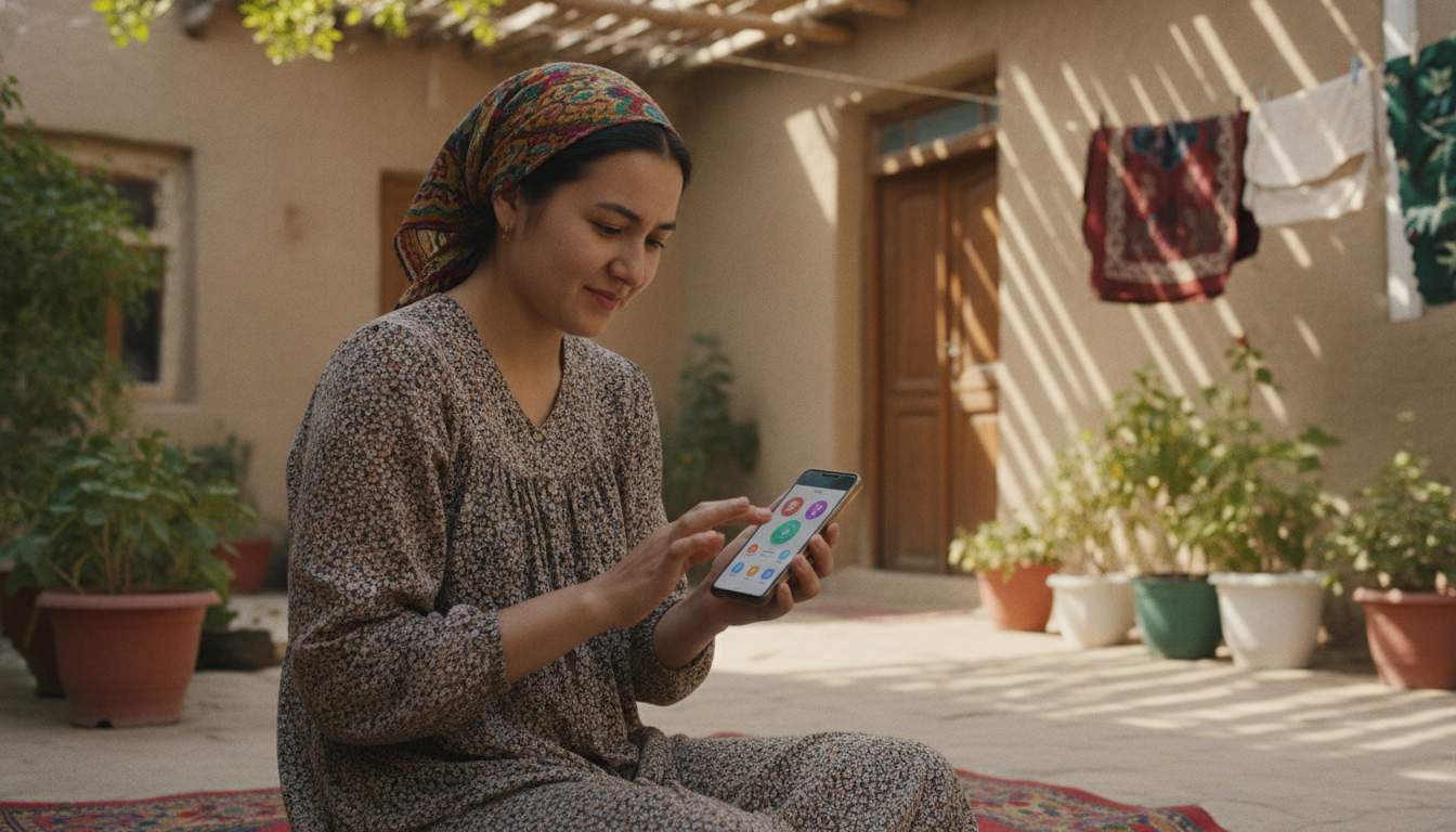 Mobil Ilova Tajribasi Uzbek ayol mobil ilova bilan